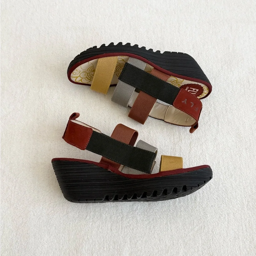 Fly London Multicolor Elastic Strap Wedge Sandals - Picture 5 of 8